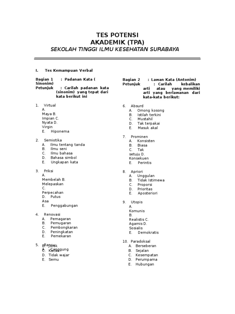 60 Latihan Soal Tpa Sbmptn Dan Pembahasan 2020 Onlinepdf