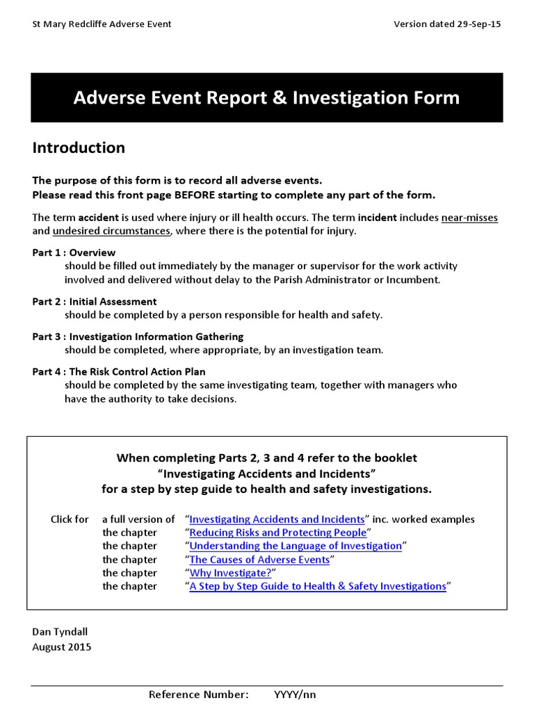 2015 08 26 Adverse Event Report and Investigation Form | Adverse Effect ...