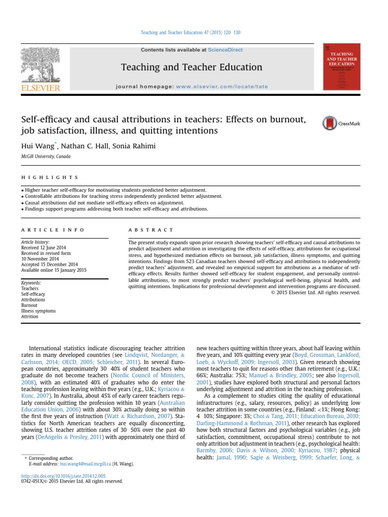 Self Efficacy and Causal Attributions in Teachers - Effects On Burnout ...