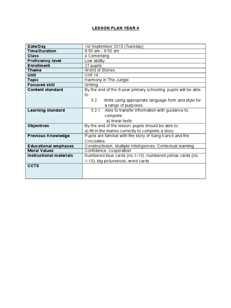 LESSON PLAN YEAR 4 Unit 14 Sang Kancil Writing | Download Free PDF ...