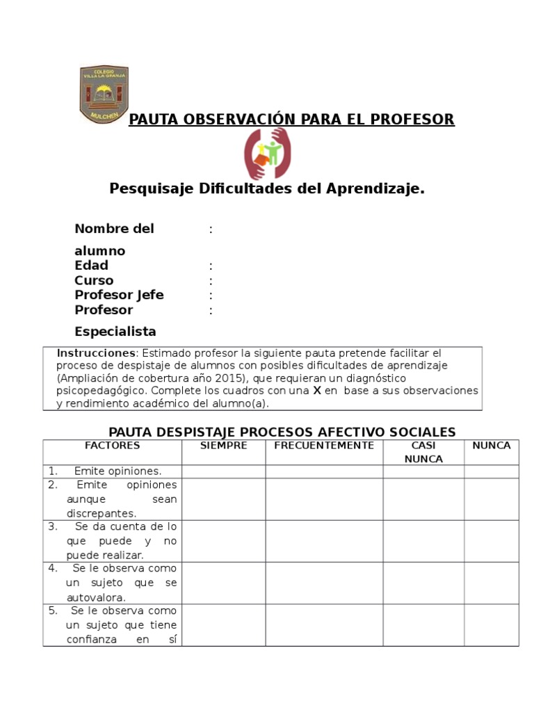 Pauta Observación para El Profesor | PDF | Maestros | Aprendizaje