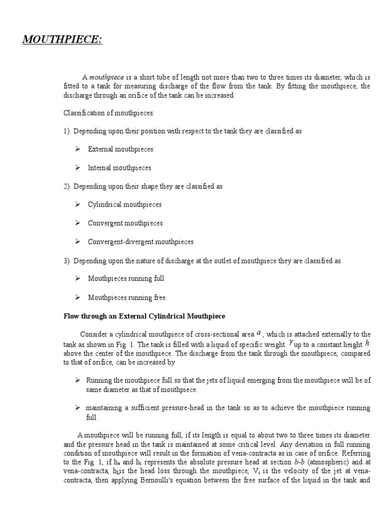 Mouthpiece and its types Fluid Mechanics Dynamics (Mechanics)