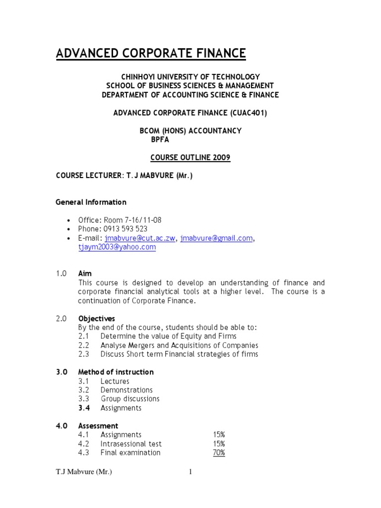 Advanced Corporate Finance Course Outline | PDF | Free Cash Flow ...
