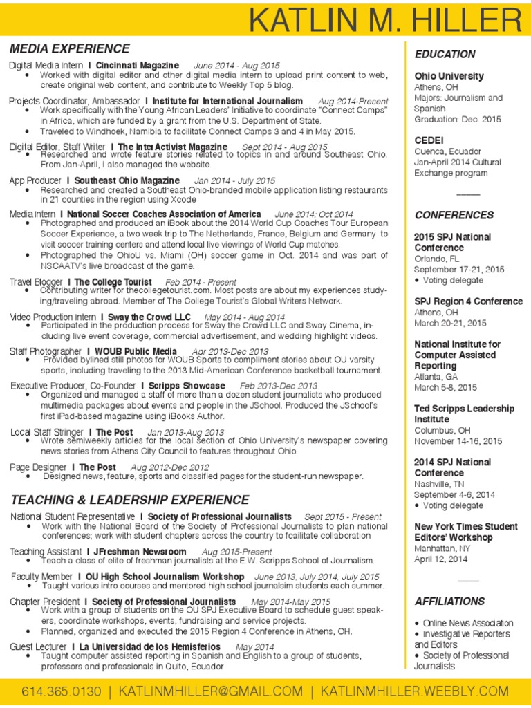 Katlin Hiller's Journalism Resume | PDF | Journalism | Blog