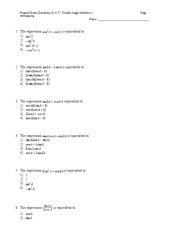 Double Angle Identities Practice | PDF | Trigonometric Functions | Angle
