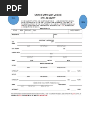 Sinaloa, Mexico Birth Certificate