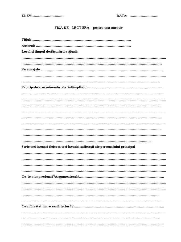 Model Fisa De Lectura Clasa A 2 A Fisa Lectura | PDF