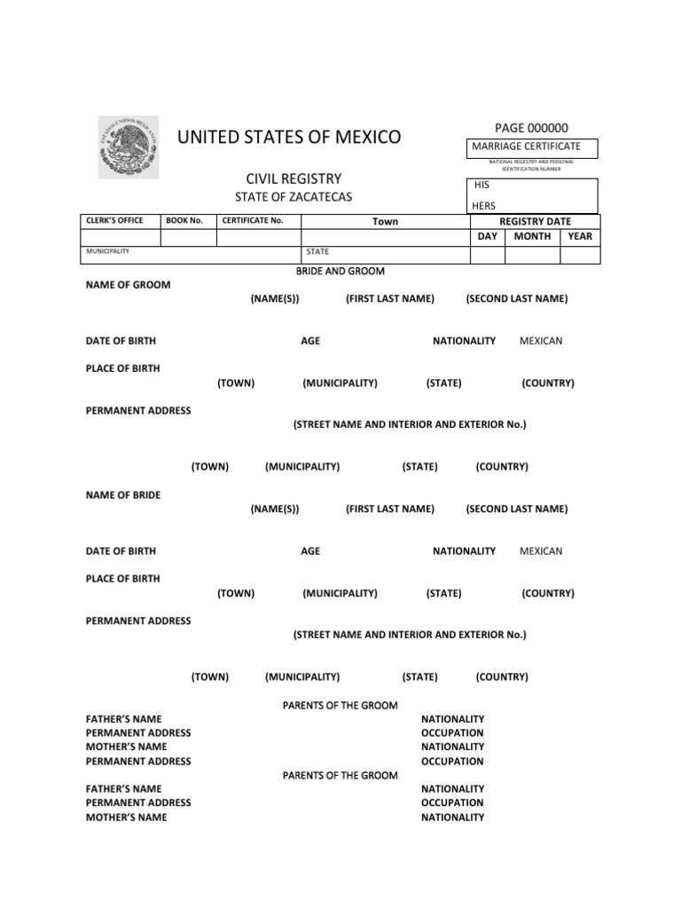 Mexico Marriage Certificate  PDF  Marriage  Wedding Intended For Mexican Marriage Certificate Translation Template
