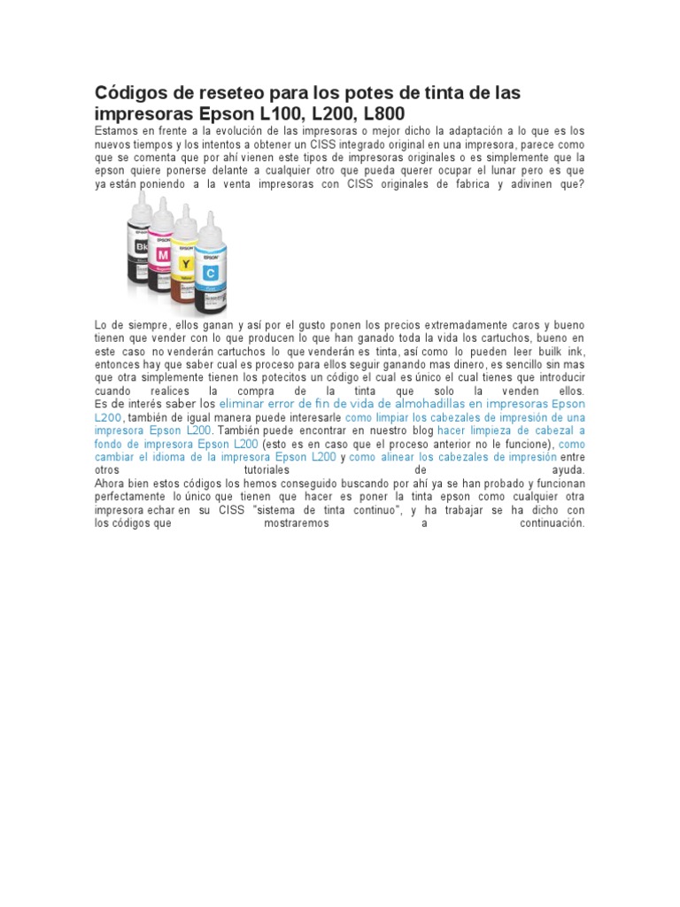 Códigos de tinta para Epson L100 y L200 | PDF | Impresora (Computación ...
