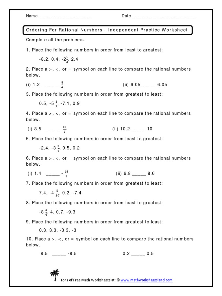 Ordering For Rational Numbers - Independent Practice Worksheet