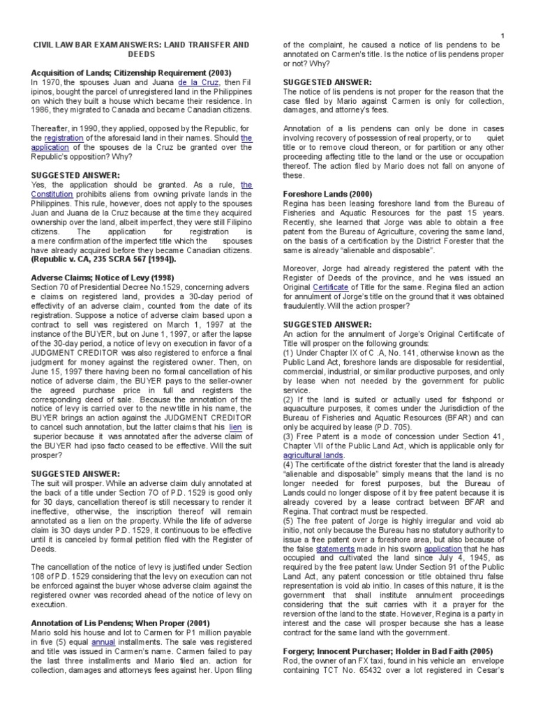 Civil Law Bar Exam Answers Landti PDF Mortgage Law Foreclosure
