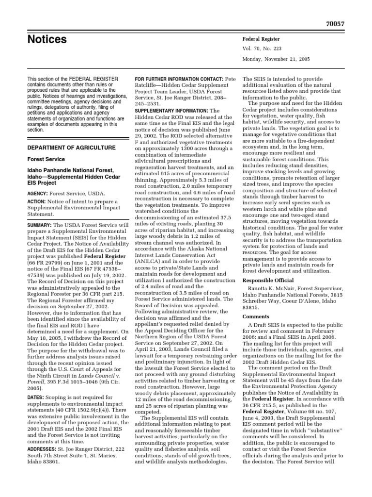 Notice: Environmental Statements Notice of Intent: Idaho Panhandle ...
