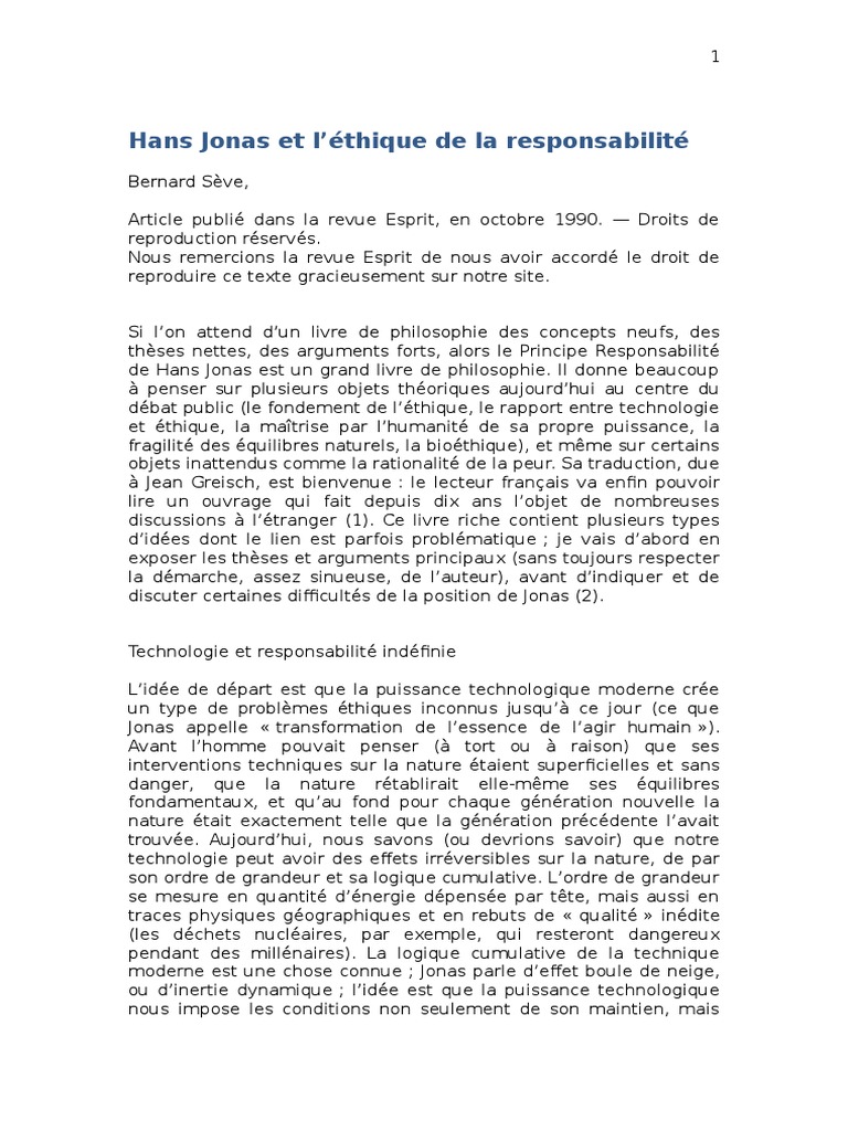 Explication De Texte Philo Hans Jonas Hans Jonas Et L'éthique de La Responsabilité | PDF | Emmanuel Kant | La  nature