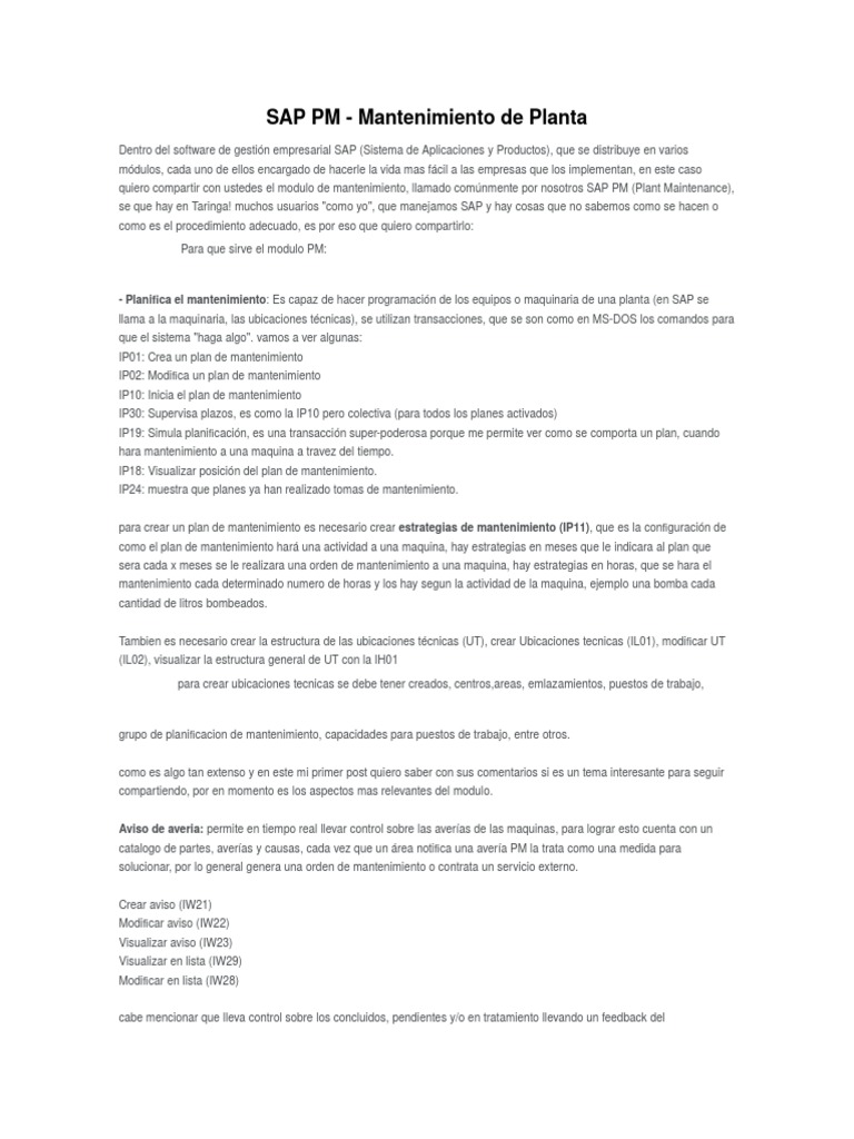 SAP PM: Manual de Mantenimiento de Planta | PDF | Sap Se | Software