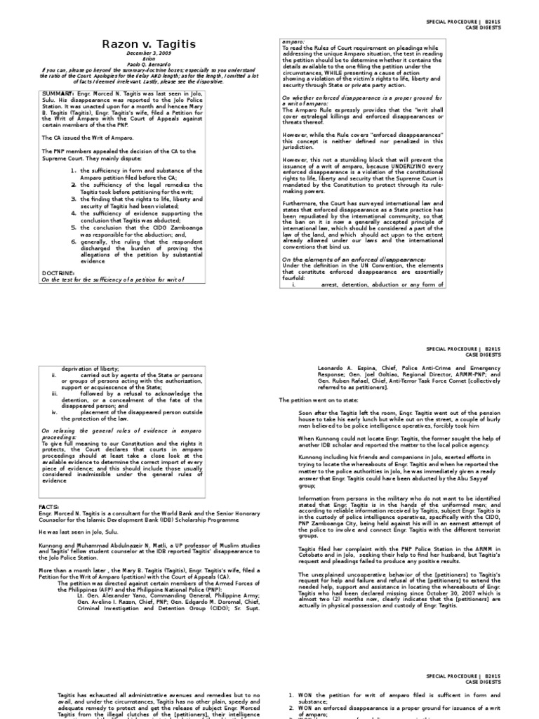 Razon V Tagitis Digest | PDF | Burden Of Proof (Law) | Evidence