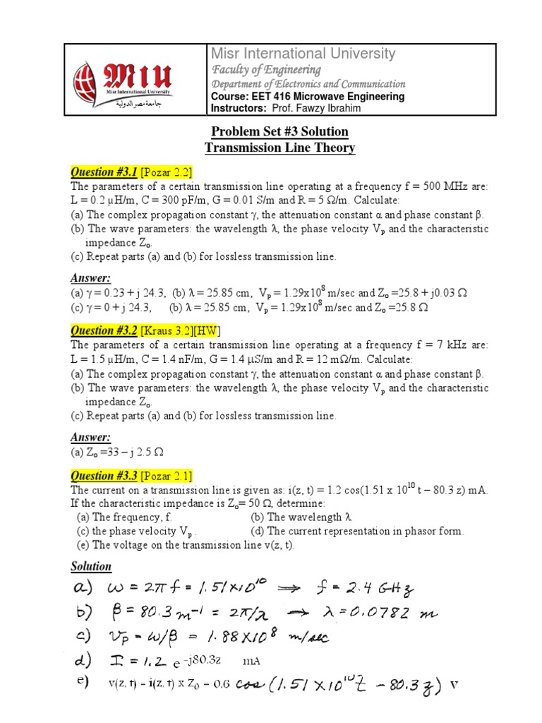 EET416 Problem Set 3 Solution Transmission Line Theory PDF