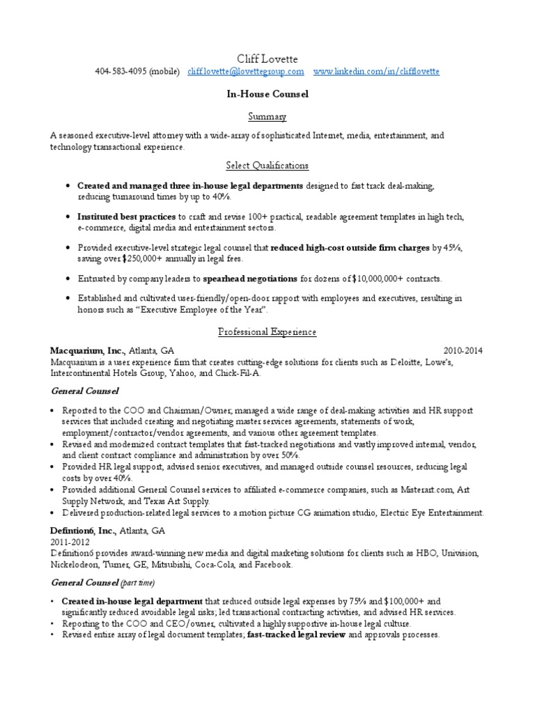 General Counsel Senior InHouse Attorney in Atlanta GA Resume Cliff