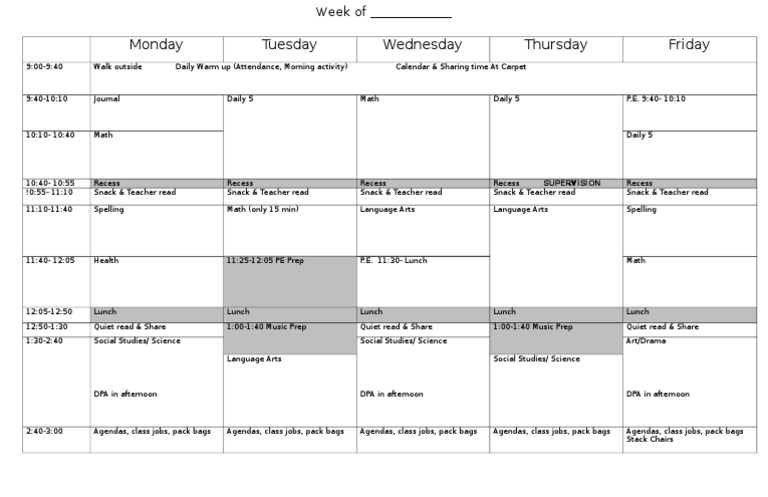Weekly Classroom Schedule Overview | PDF