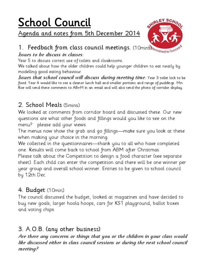 School Council: Agenda and Notes From 5th December 2014 1. Feedback ...