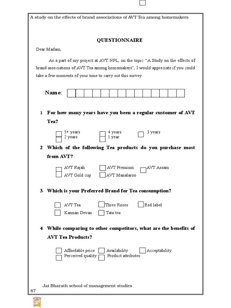 AVT Project Questionnaire | PDF | Tea | Brand