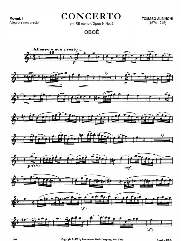 PARTITURA OBOÉ Tomaso Albinoni Concerto Para Oboé Opus 9, No. 2