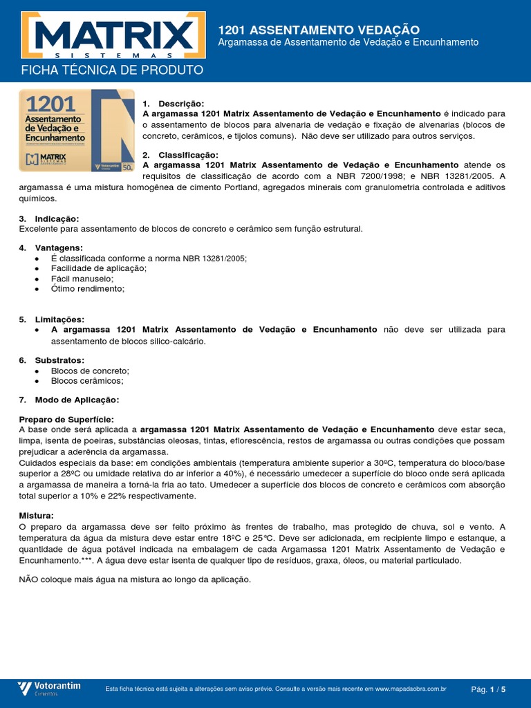 Ficha Técnica Matrix 1201 | PDF | Argamassa (alvenaria) | Mistura