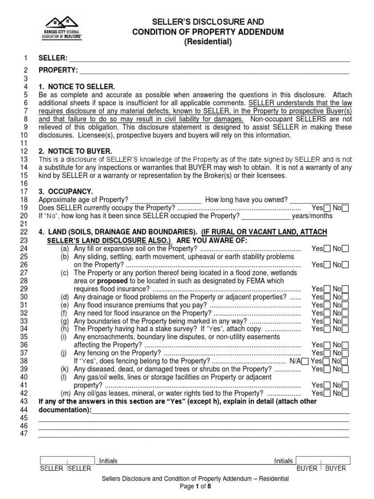 Seller'S Disclosure and Condition of Property Addendum (Residential ...