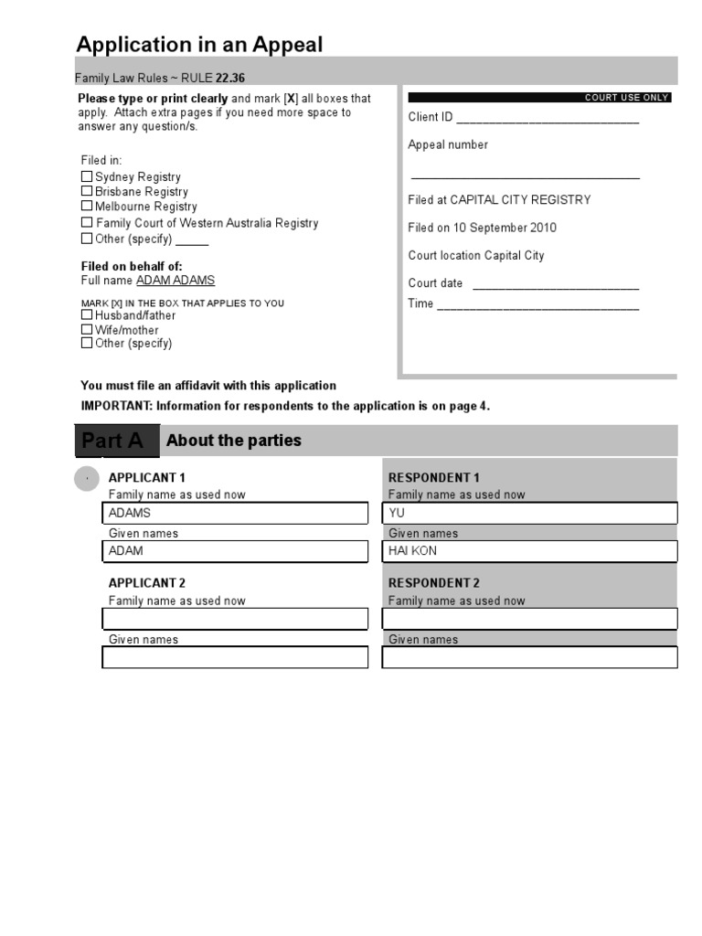 Family Law Appeal Application Form | PDF | Federal Government Of The ...