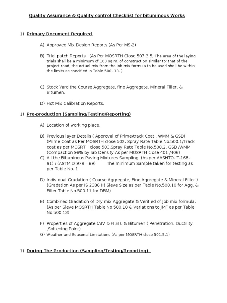 Quality Assurance & Quality Control Checklist For | PDF | Road | Soil