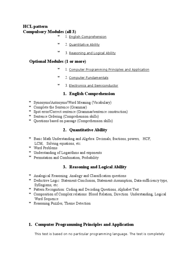 HCL Pattern: Compulsory and Optional Modules | PDF