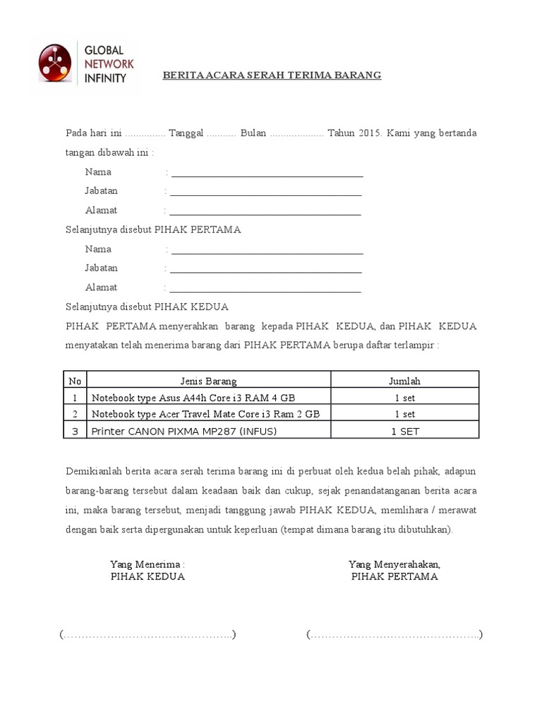 Berita Acara Serah Terima Barang Notebook Dan Printer