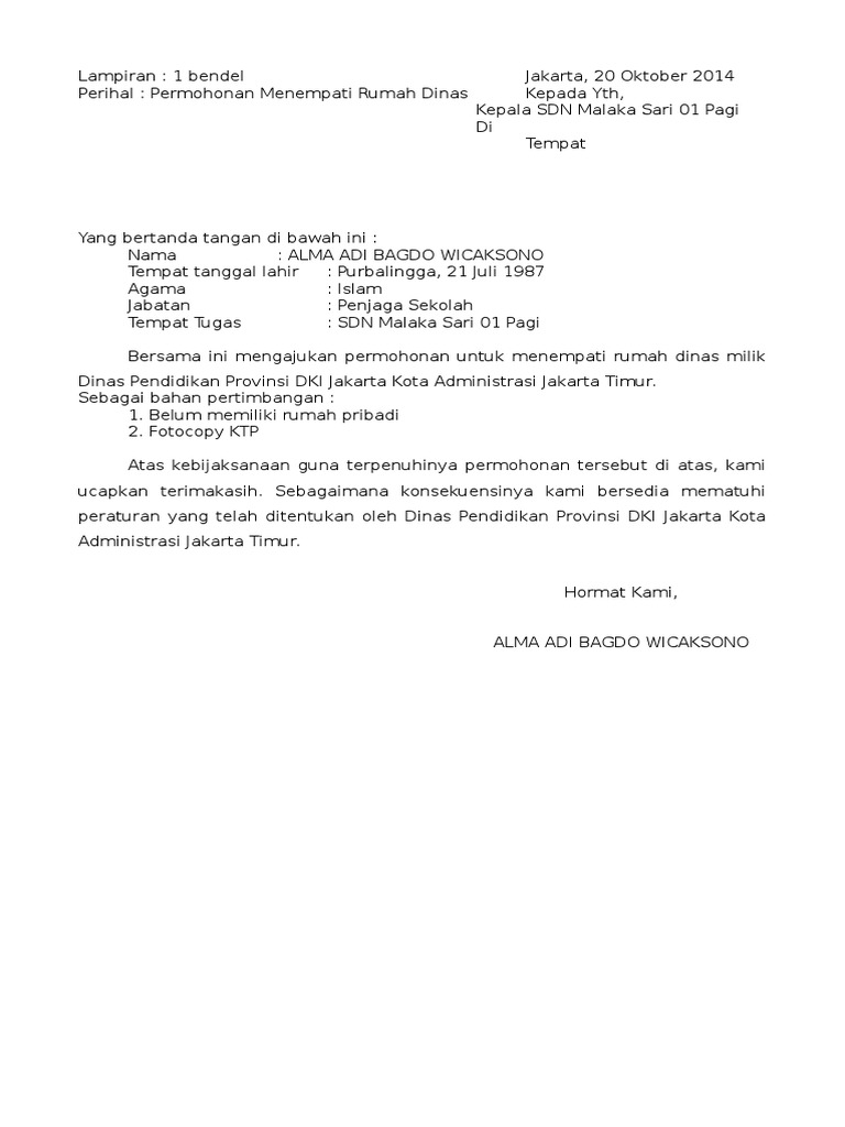 SURAT PERMOHONAN MENEMPATI RUMAH DINAS docx SURAT PERMOHONAN MENEMPATI RUMAH DINAS docx