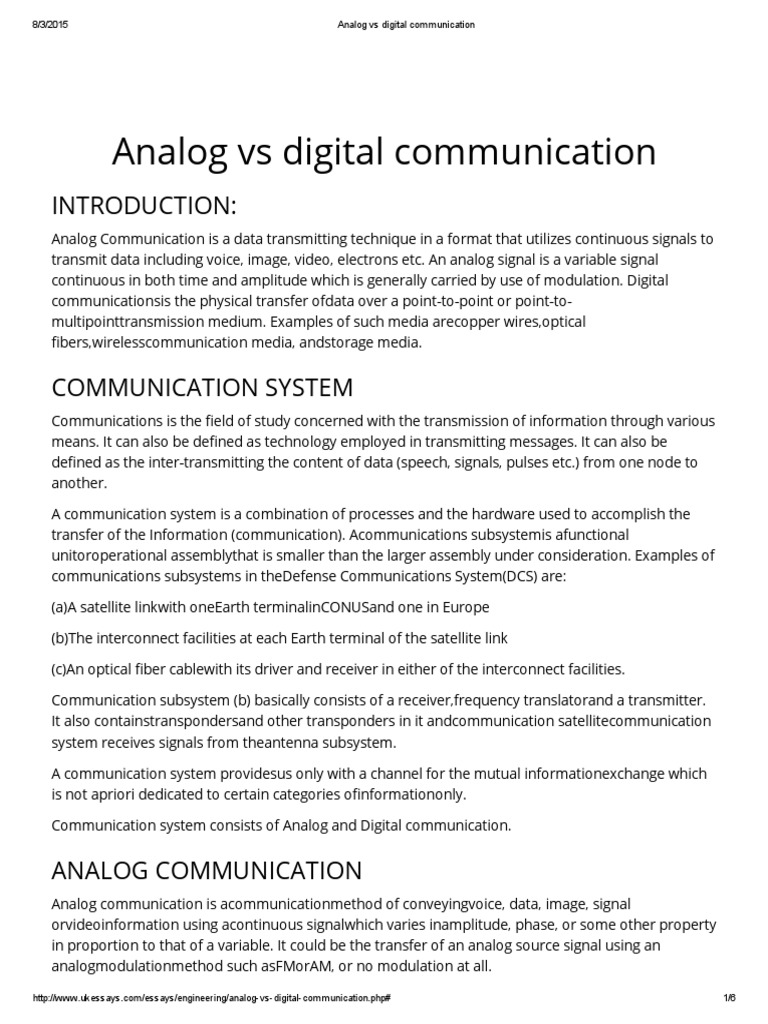 Analog vs Digital Communication Communications System Data Transmission