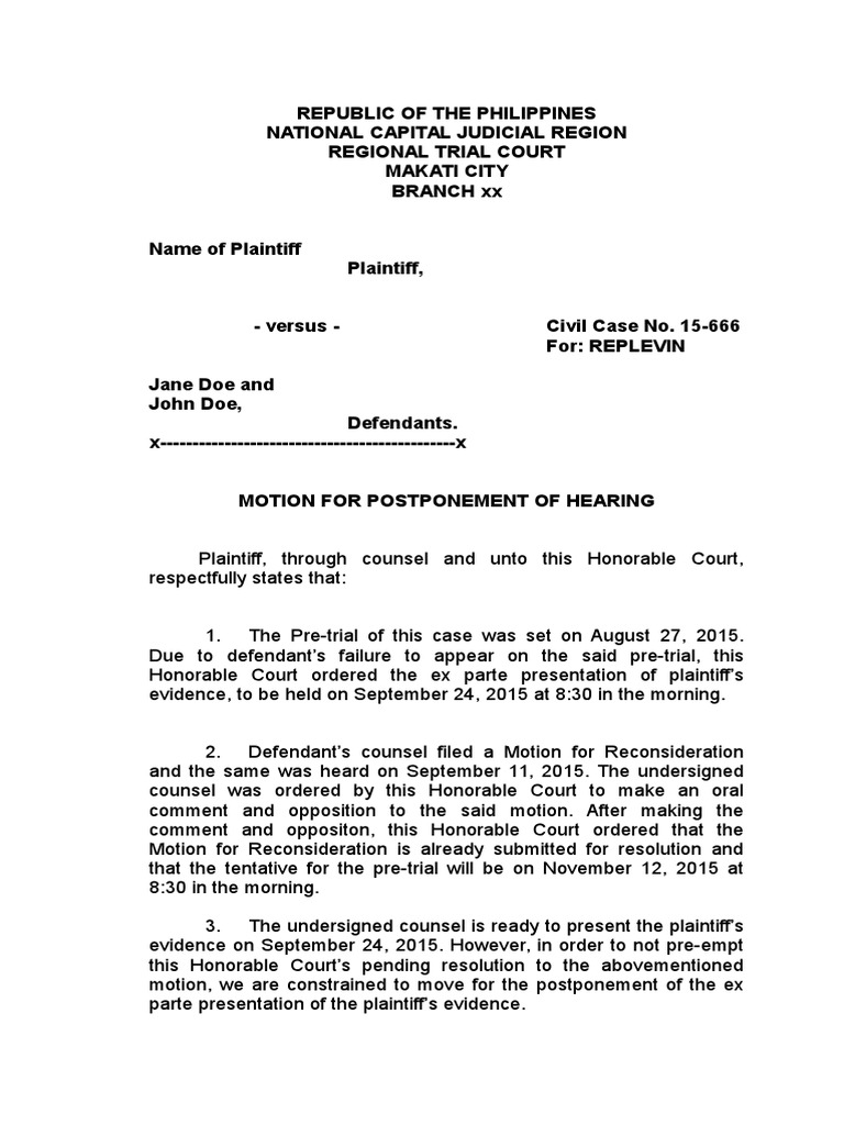 Motion for Postponement of Hearing | PDF | Separation Of Powers | Lawsuit