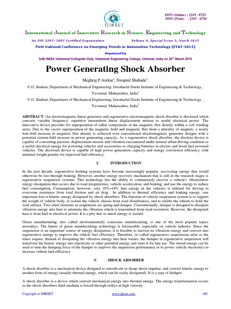 Power Generating Shock Absorber I J I R S E T PDF Mechanics