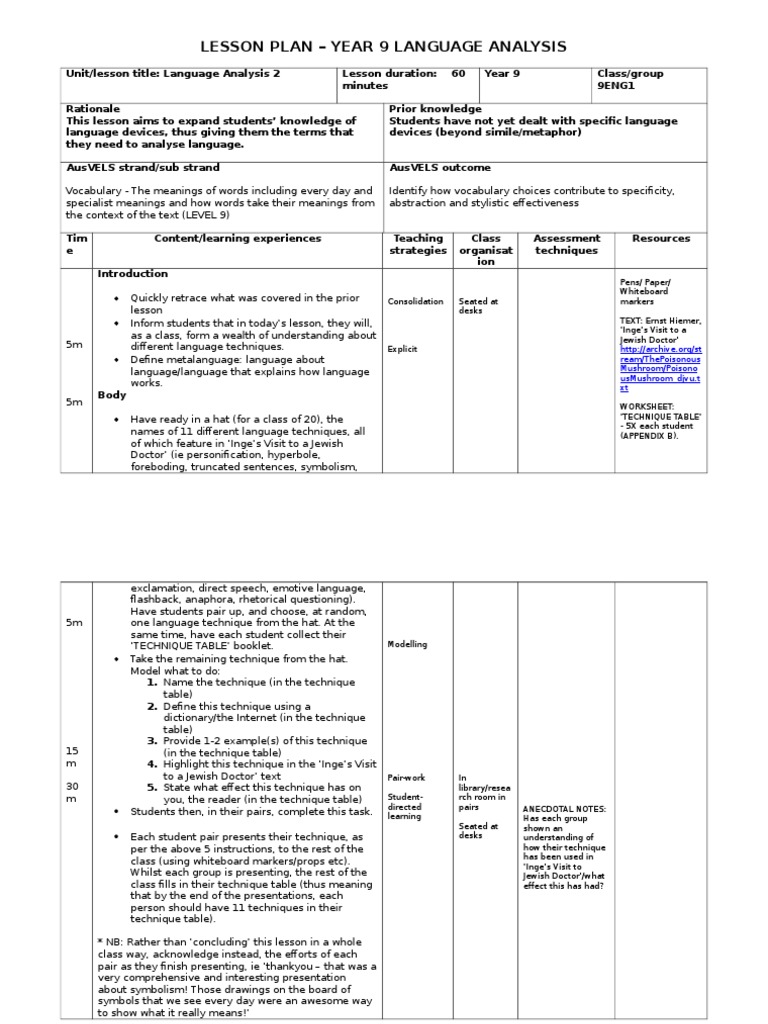 Year 9 Language Techniques Lesson | PDF | Lesson Plan | Vocabulary