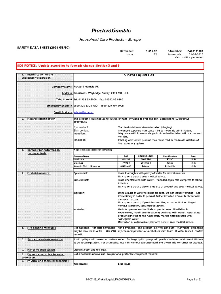 Household Care Products Europe SAFETY DATA SHEET (2001/58/EC) PDF