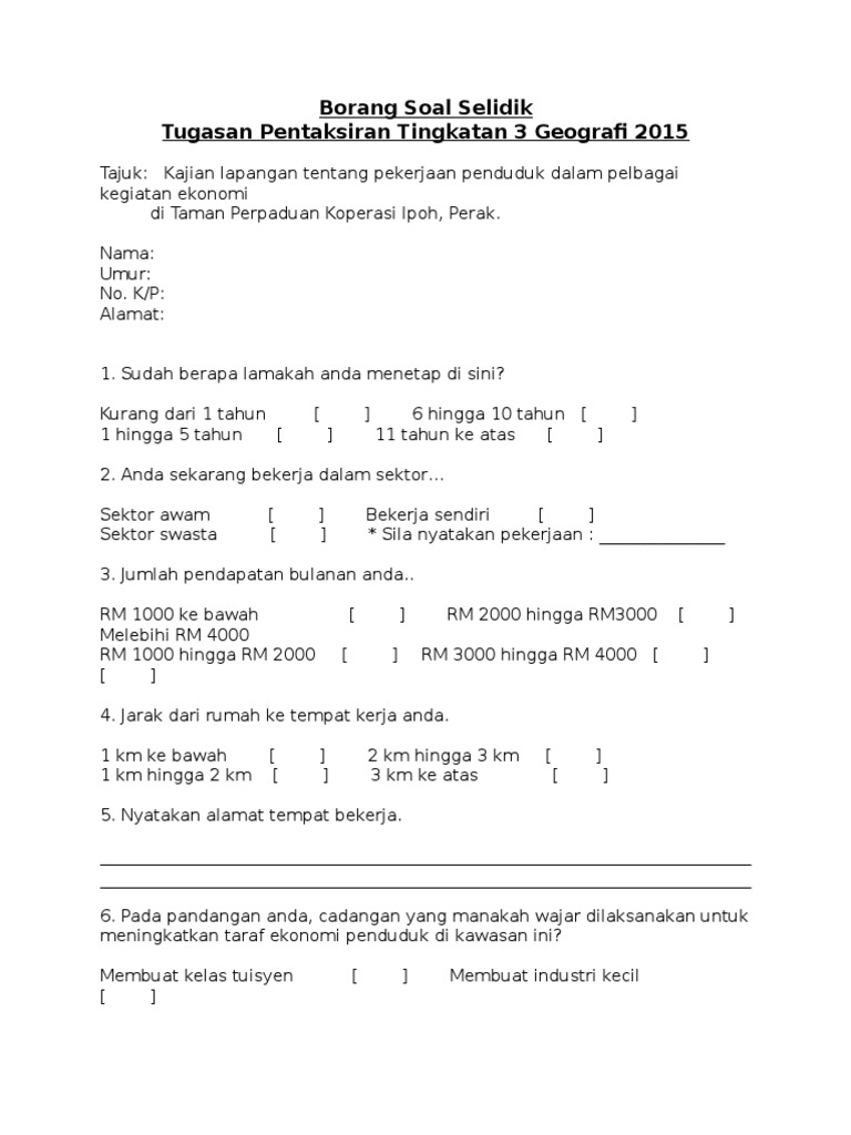 Contoh Borang Soal Selidik Kerja Lapangan Geografi Tingkatan 1