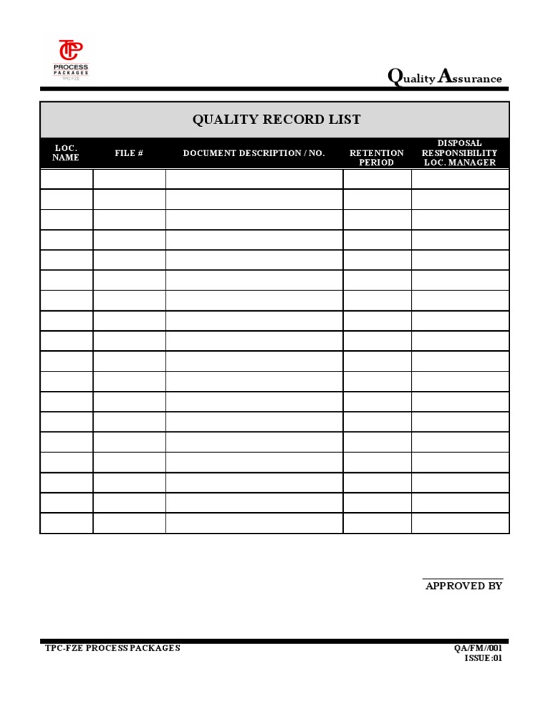 Qa/Fm/001-Quality Record List | PDF