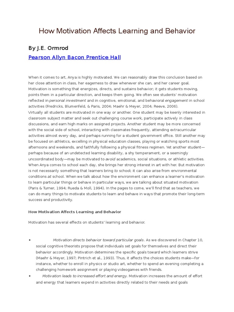 How Motivation Affects Learning And Behavior Article Download Free