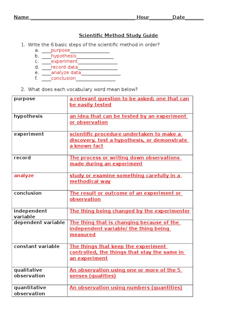 Scientific Method Study Guide and Answers | PDF | Experiment | Observation
