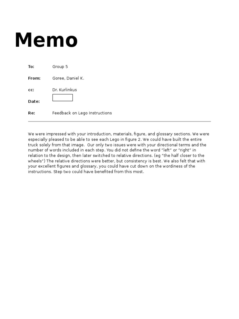 Lego Instructions Feedback Memo | PDF | Language Arts & Discipline