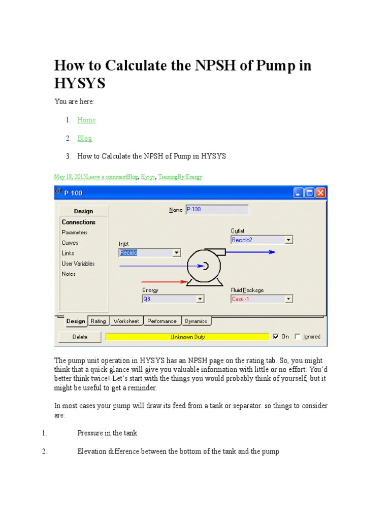 How To Calculate The NPSH of Pump in HYSYS PDF Pump Pressure