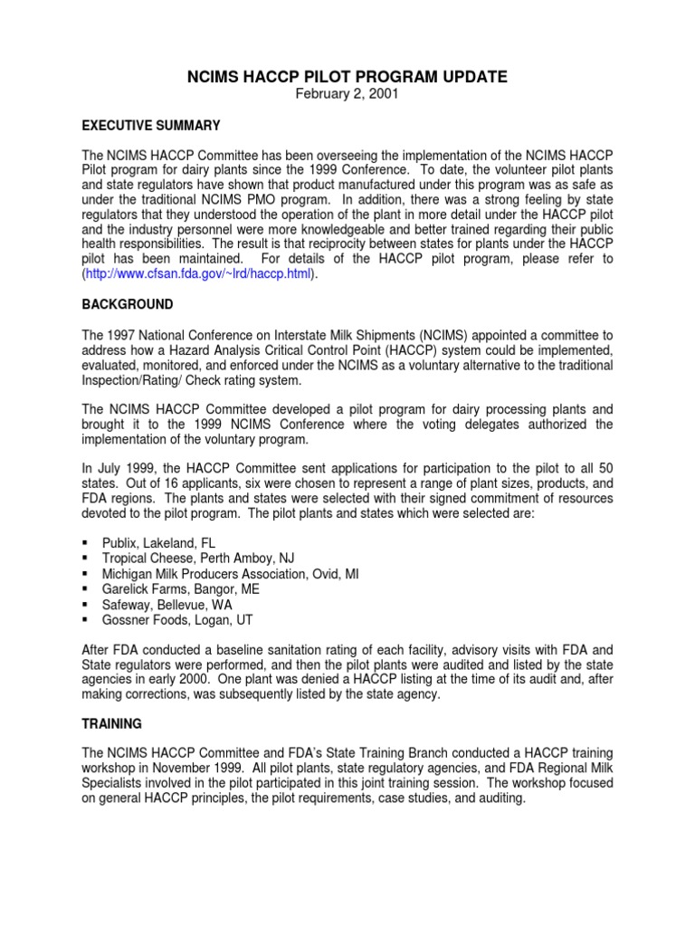 Dai-Ncims Haccp Pilot Program Update | PDF | Hazard Analysis And ...