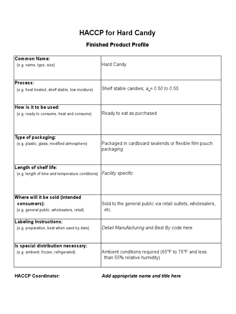 HACCP For Hard Candy: Finished Product Profile | Download Free PDF ...