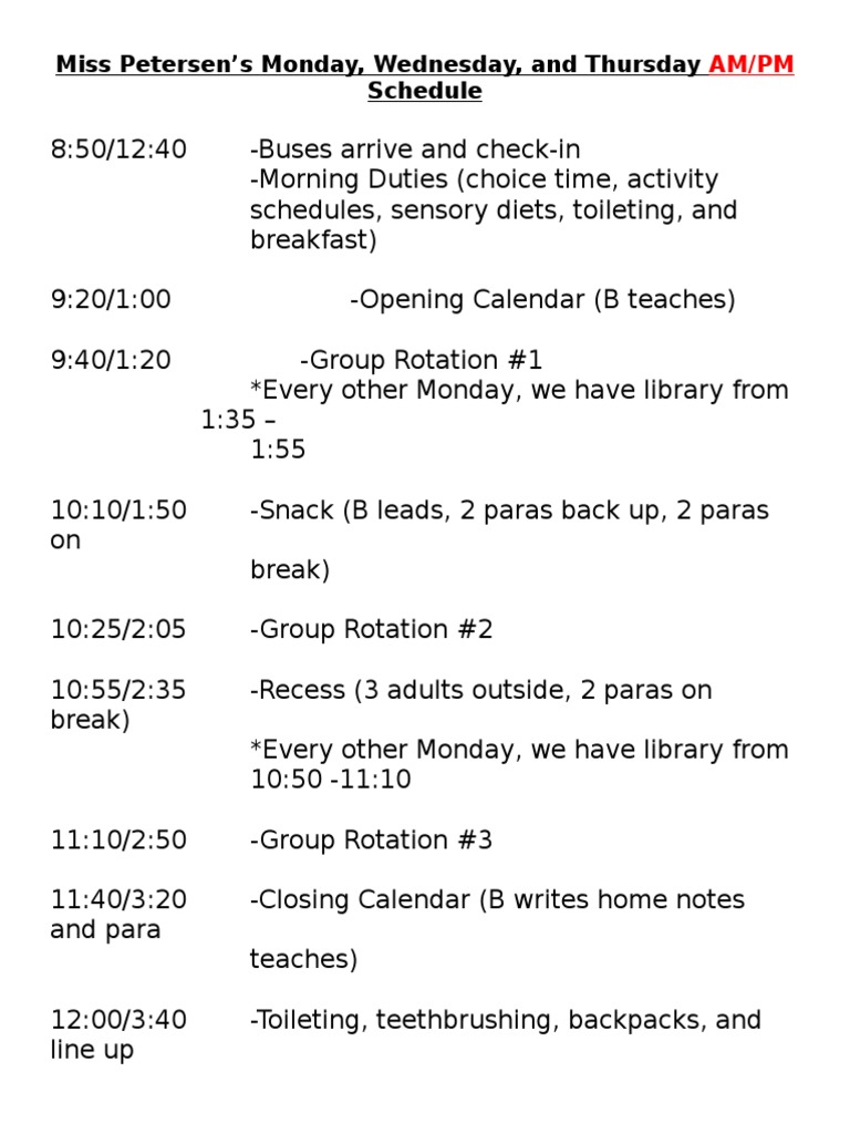 Miss Petersen's Weekly Class Schedule | PDF