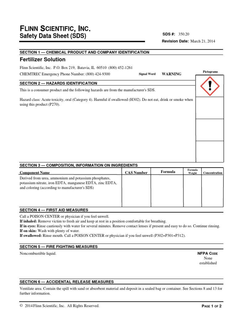 Safety Data Sheet (SDS) Linn Cientific NC Fertilizer Solution