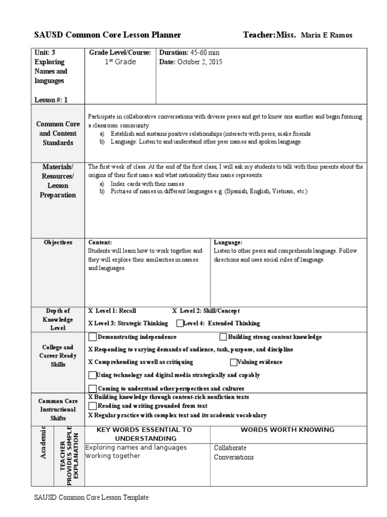 Maria e Ramos-Lesson Plan Template 2 Sausd 1 | PDF | Common Core State ...