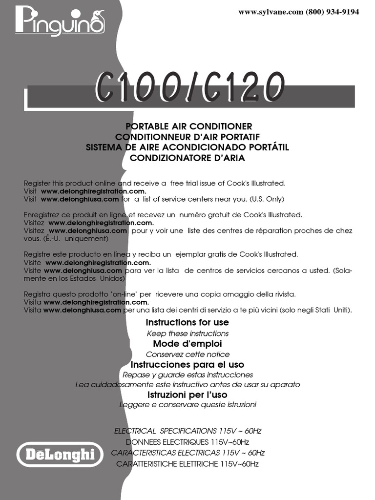 Delonghi Pac C100/c120e Guide PDF Ventilador mecánico Aire