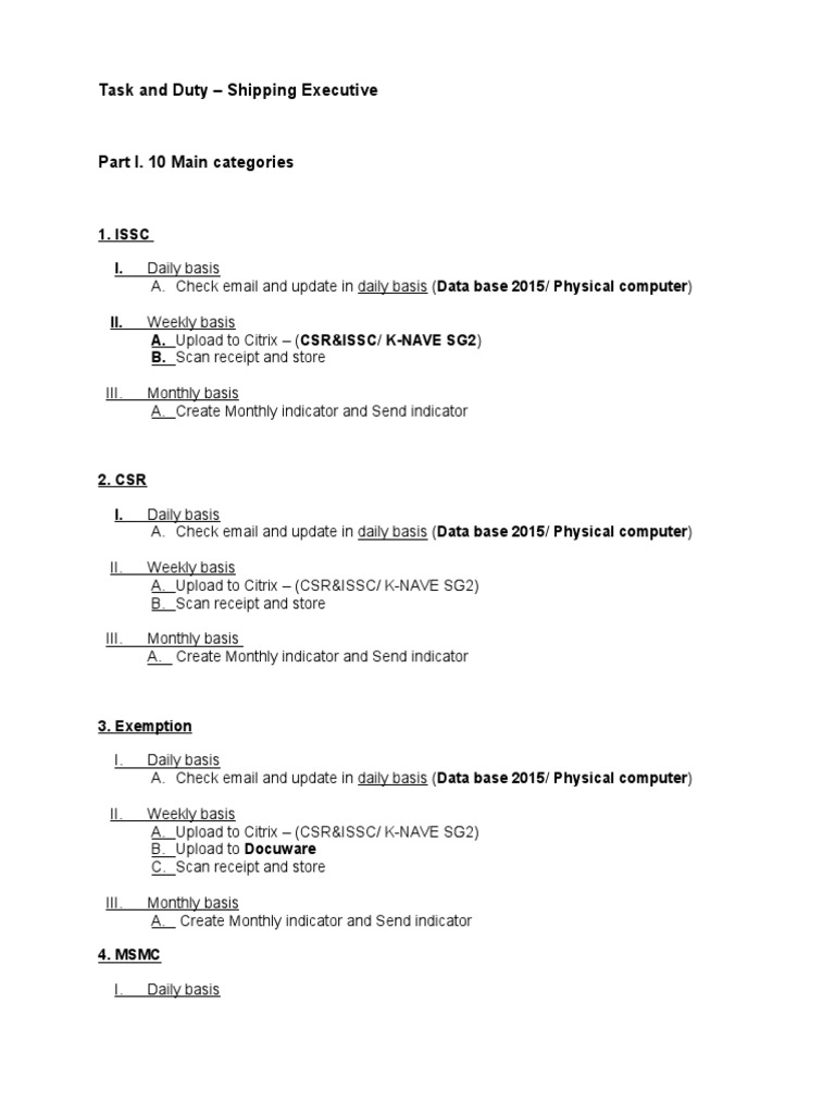 Task and Duty - Shipping Executive: 1. Issc I | PDF